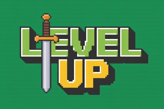 A pixel art graphic on a solid green background, featuring the phrase "LEVEL UP" with a stylized sword forming the 'L', representing gaming progression and achievement.