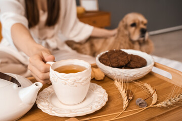 Beautiful young woman and cute Cocker Spaniel dog with cookies, cup of green tea on tray at home, closeup