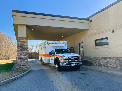 A Montgomery County EMS ambulance parked at the Sango Tennova ER ambulance entrance, which is behind the clinic. Tennova Sango ER is on Highway 76 near Interstate 24.