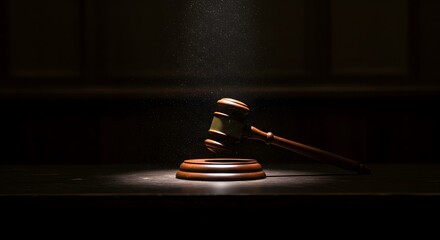 Gavel on the Bench in Courtroom with Dramatic Lighting
