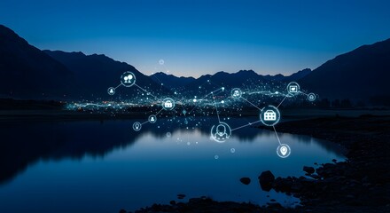 Connected Landscape Digital Network over Scenic Lake at Dusk