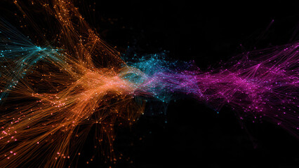 Abstract glowing multi-colored lines and interconnected dots form complex data networks or neural pathways against a dark background, illustrating digital connectivity.