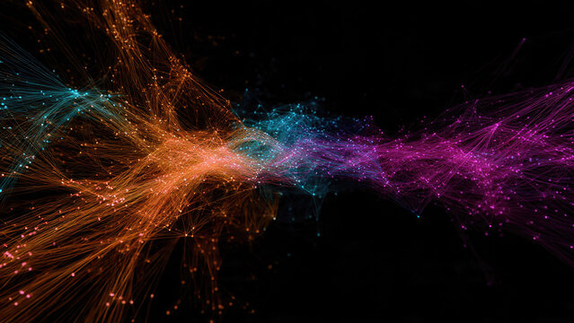 Abstract glowing multi-colored lines and interconnected dots form complex data networks or neural pathways against a dark background, illustrating digital connectivity.