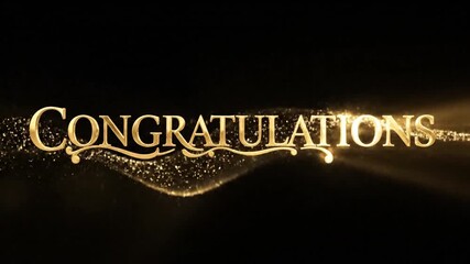 Elegant congratulations text animation concept with golden particles in glittering motion on a solid black background for a festive design