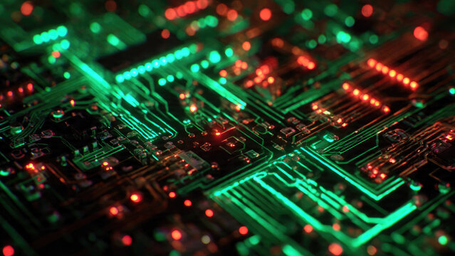 Intricate circuit board glowing with vibrant green and red lights, representing advanced technology, data flow, and computing power in a digital world.