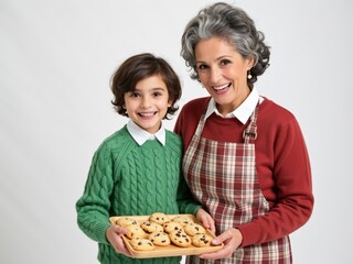 Grandmother and grandson holding tray of baked cookies