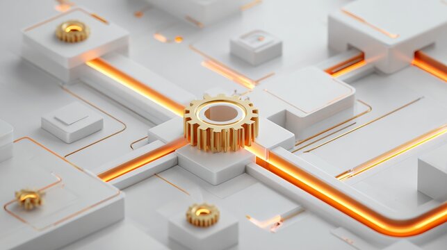 Intricate Mechanism of Golden Gears Surrounded by Bright Orange Lines on a Soft White Background Representing Technology and Innovation