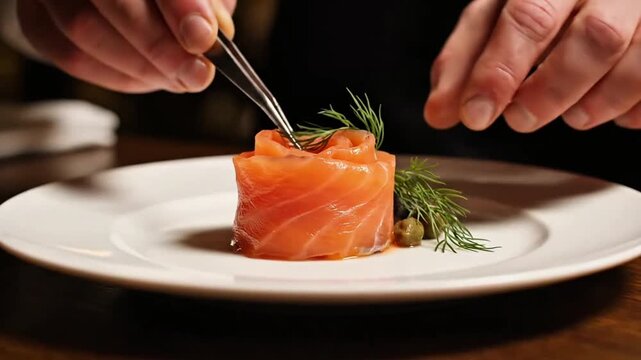 Beautiful modern salmon rosette with fine dining mood