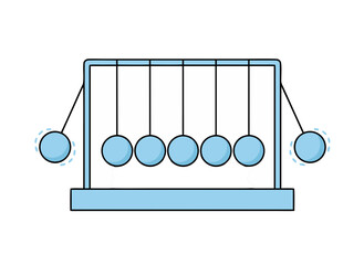Newton's Cradle Demonstrating Physics Principles With Light Blue Spheres Suspended By Strings Inside A Light Blue Frame Against A White Background And Two Spinning Spheres On The Sides