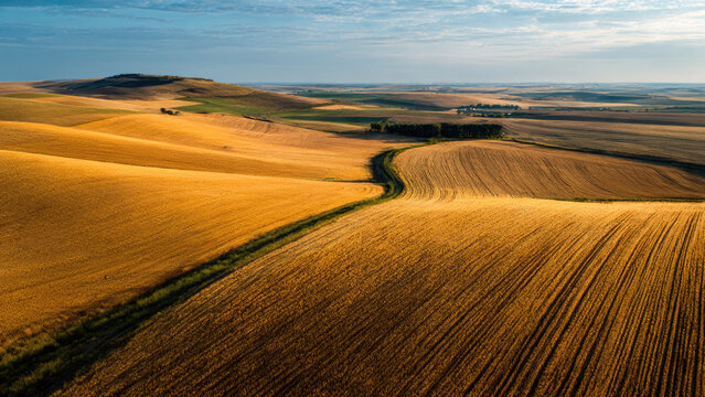 Rolling golden wheat fields bathed in warm light, with a winding green path traversing the vast, undulating agricultural landscape under a clear sky.