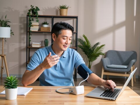 Man teleconferencing with doctor measuring blood pressure