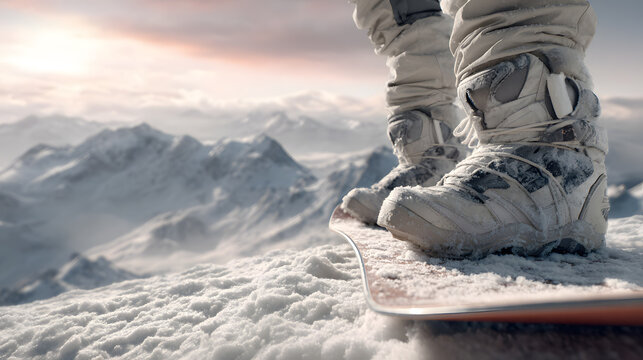 Snowboarder standing on snowy mountain peak with stunning winter landscape in background