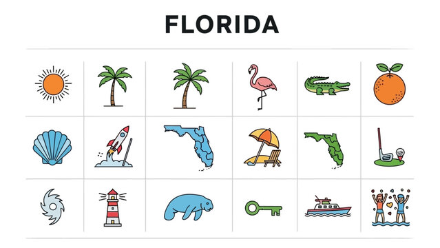 Florida Icons Colorful Vector Set Representing the Sunshine State