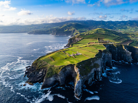 Aerial view of Ponta do Cintrao with Lighthouse, Sao Miguel Island, Azores, Portugal