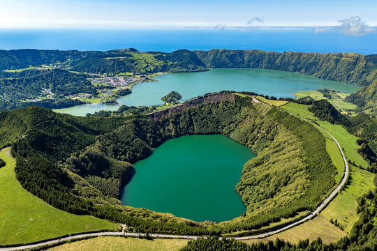 Aerial view of scenic volcanic Lagoa das Sete Cidades lake and green idyllic hills in Sao Miguel, Azores in Atlantic ocean, Portugal