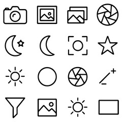 Photography Icons: An array of meticulously crafted linear icons related to photography, each representing essential tools and elements used in the art of capturing images.