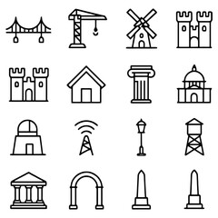 Architectural Icons: A collection of meticulously crafted, minimalistic line icons depicting various architectural elements and structures. The image evokes a sense of order, design.