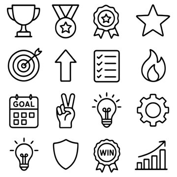 Success Icons for achievement and goals: A collection of various icons representing the concepts of achievements, success, and goal-oriented behaviors.
