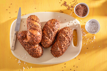 Hot and brown flax seed buns for healthy breakfast.