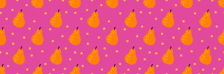 Seamless fruit pattern featuring cartoon pears and dots. Vector illustration for childrens fabric, garden-themed poster, girls clothes, sweet summer party decoration, creative textile print. 