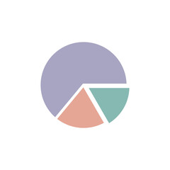 Simple pie chart icon graphic with three distinct segments in a modern pastel color palette, ideal for data visualization, statistical analysis, and business reporting