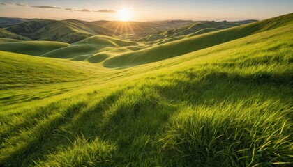 Obraz premium Sun sets over beautiful green rolling hills landscape