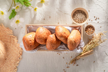 Tasty and healthy buns freshly baked in home bakery.