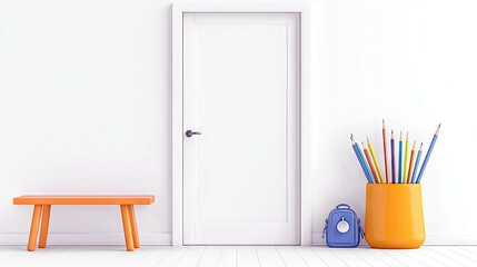 An orange bench, pencils in a yellow container, and a blue backpack are placed next to a white door in a bright, minimalist room.