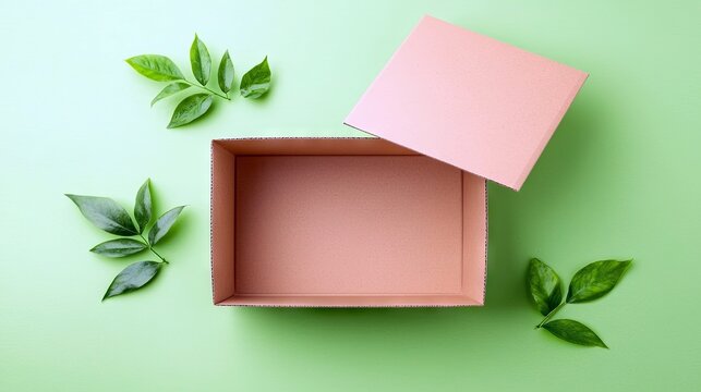 An open cardboard box with its lid beside it, surrounded by green leaves, all set against a vibrant green background. The composition is a top-down view.
