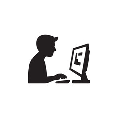 a focused individual is depicted utilizing a computer with a monitor and keyboard presented as a stark silhouette