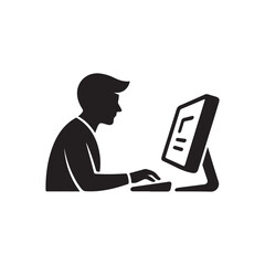 a stark black and white image depicts a person seated at a computer diligently typing and focused on the screen silhouette