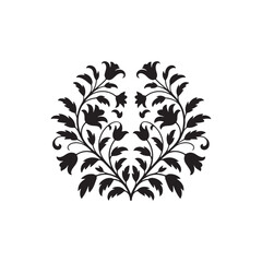 an intricate floral design with symmetrical leafy patterns forming a heart shape presented in a striking black silhouette