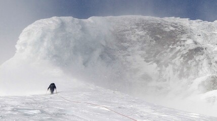 Climber trekking icy mountain ridge through dense fog. Solo mountaineer navigating a challenging snowy ridge against a foggy sky
