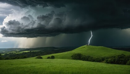Intense Storm Clouds And A Lightning Strike Over Hills