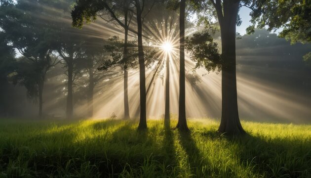 Morning sunbeams break through trees in a serene forest - Powered by Adobe