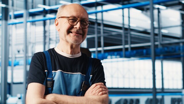 Portrait of jolly senior engineer in industry 4.0 industrial plant installing machinery, conducting thorough testing. Upbeat elderly man in smart factory calibrating IoT sensors - Powered by Adobe