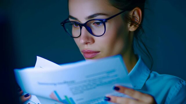 Focused woman thinking person female professional reader working late computer with eyewear, reading document and paperwork report dark office with blue light reflection, calm analytical mood