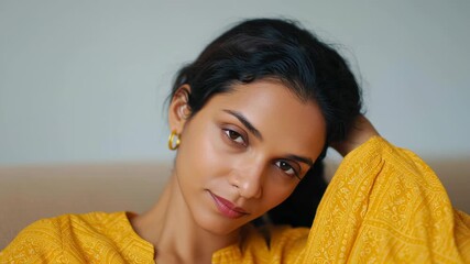Calm woman thinking person female portrait with natural light indoor scene, soft focus, golden earring, yellow blouse, casual pose, serene mood and expression, introspective vibe, candid relaxed look
