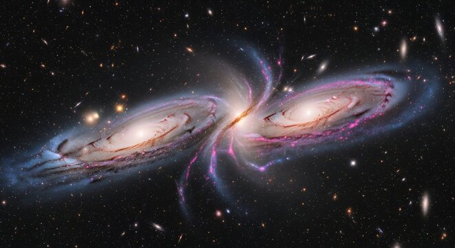 Interacting spiral galaxies cosmic collision deep space universe astronomy - Powered by Adobe