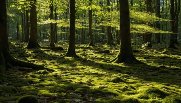 Warm sunlight filtering through tall trees in a forest