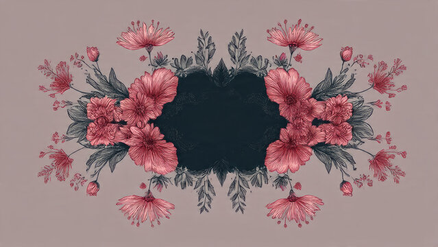 Elegant symmetrical floral illustration featuring pink flowers and dark foliage embracing a central void on a muted taupe background.