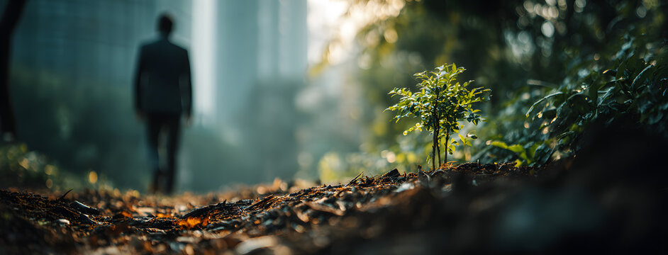 Young businessmen analyze Environmental protection business to meet goals set over blurred Nature background .Film tones and Light fair. select focus