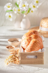 Homemade and hot buns freshly baked in home bakery.