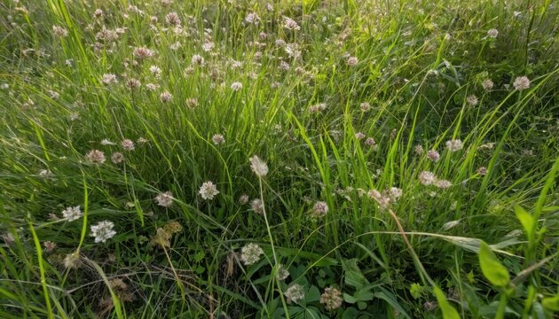 Morning dew sparkling on green grass and tiny flowers