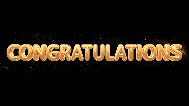 An elegant motion graphics animation featuring golden congratulations text with sparkling particle effects, isolated on a solid black background