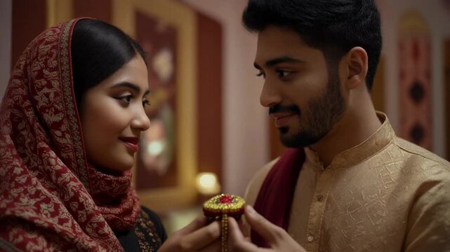 Young South Asian Couple Sharing a Gentle Moment with a Lit Diya Lamp.