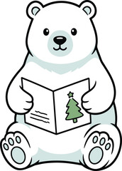 Naklejka premium Cute cartoon polar bear reading a book with a Christmas tree on white background vector illustration