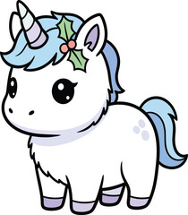 Naklejka premium Cute cartoon unicorn with blue mane and holly decoration on white background mythical creature fantasy