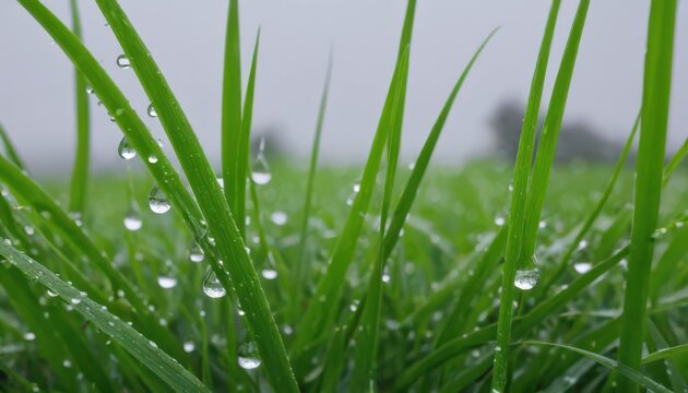 Water droplets glistening on lush green grass field