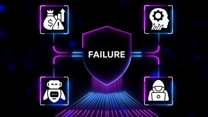 Abstract digital concept of failure with icons for finance technology A I and hacking connected to a central shield